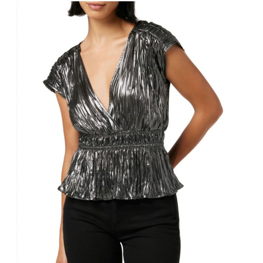 JOE'S Jeans Lea Lame Metallic Peplum Top Metallic Silver Plunge Neck Smocked S - Picture 1 of 8